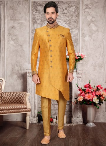 Gold color Fancy Fabric Indo Western Sherwani with Hand Work