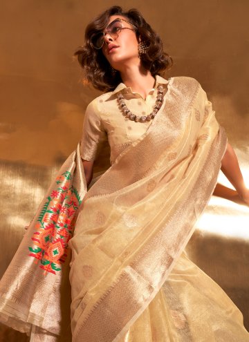 Gold color Tissue Contemporary Saree with Woven