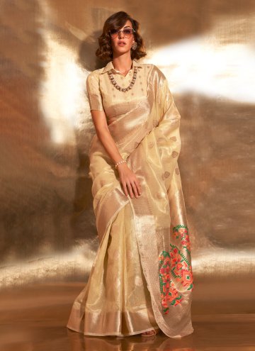 Gold color Tissue Contemporary Saree with Woven