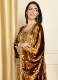 Gold Designer Salwar Kameez in Velvet with Embroidered - 1