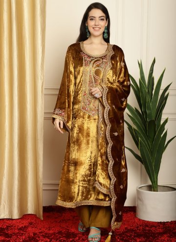 Gold Designer Salwar Kameez in Velvet with Embroid