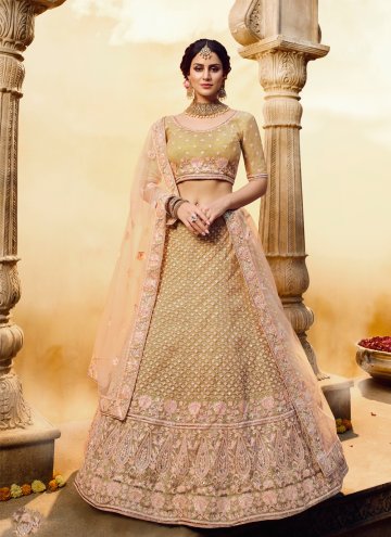 Gold Net Embroidered A Line Lehenga Choli for Engagement