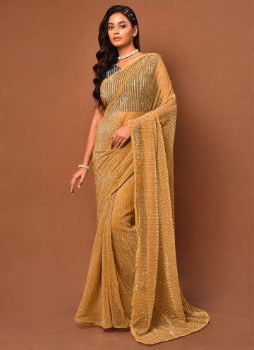 Gold Trendy Saree in Net with Diamond Work
