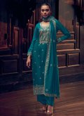 Gratifying Aqua Blue Silk Embroidered Salwar Suit for Ceremonial - 1