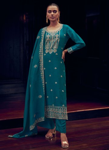 Gratifying Aqua Blue Silk Embroidered Salwar Suit 
