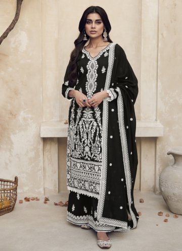 Gratifying Black Silk Embroidered Palazzo Suit for Ceremonial