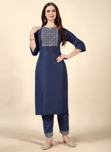 Gratifying Blue Cotton  Embroidered Casual Kurti f