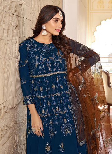 Gratifying Blue Faux Georgette Embroidered Gown
