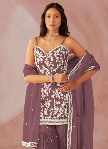 Gratifying Embroidered Faux Georgette Lavender Trendy Salwar Suit