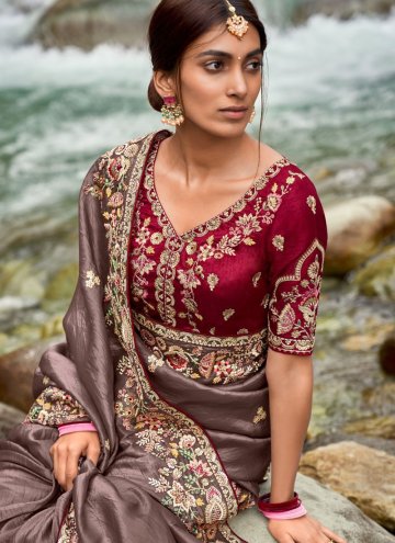 Gratifying Embroidered Silk Brown Designer Saree