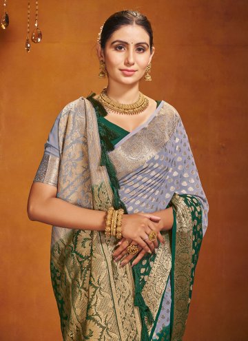 Gratifying Green and Grey Pure Georgette Woven Trendy Saree for Ceremonial