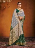 Gratifying Green and Grey Pure Georgette Woven Trendy Saree for Ceremonial - 3