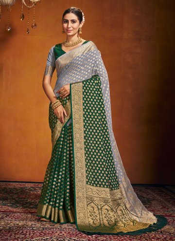 Gratifying Green and Grey Pure Georgette Woven Trendy Saree for Ceremonial