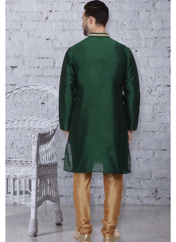 Gratifying Green Art Dupion Silk Embroidered Kurta Pyjama for Festival