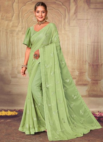Gratifying Green Chiffon Embroidered Trendy Saree