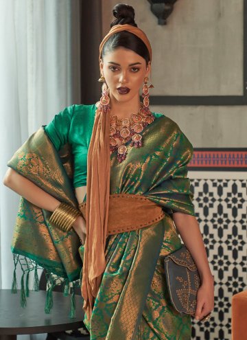 Gratifying Green Silk Woven Trendy Saree for Engagement