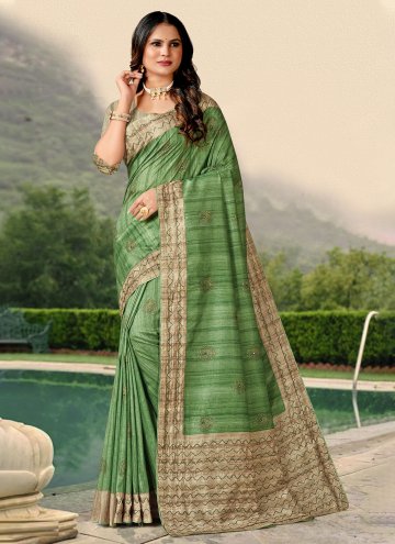 Gratifying Green Tussar Silk Katha Designer Saree