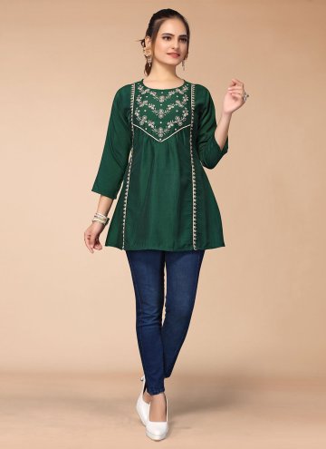 Gratifying Green Viscose Embroidered Party Wear Kurti