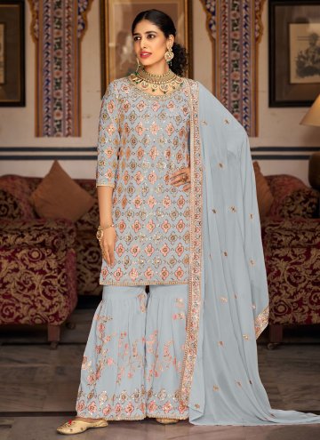 Gratifying Grey Faux Georgette Embroidered Trendy 