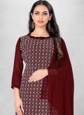 Gratifying Maroon Georgette Embroidered Pant Style Suit for Casual - 1