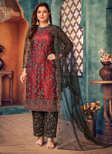 Gratifying Maroon Net Embroidered Leyered Salwar Suit for Festival
