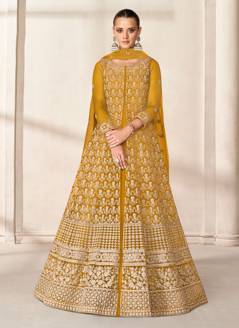 Gratifying Mustard Net Embroidered Readymade Anarkali Salwar Suit