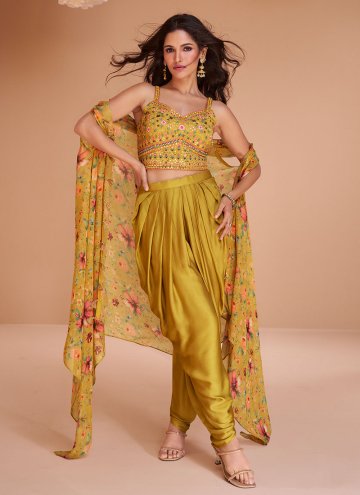 Gratifying Mustard Satin Silk Embroidered Salwar Suit for Ceremonial