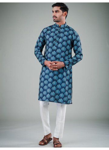 Gratifying Navy Blue Cotton Satin Printed Kurta Pyjama for Ceremonial