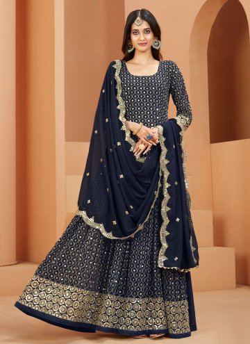 Gratifying Navy Blue Faux Georgette Embroidered Sa