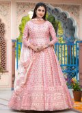 Gratifying Off White and Pink Silk Digital Print Designer Gown for Ceremonial - 1