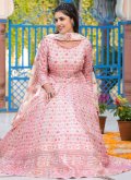 Gratifying Off White and Pink Silk Digital Print Designer Gown for Ceremonial - 3