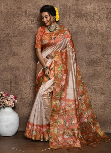 Gratifying Orange Silk Floral Print Designer Saree