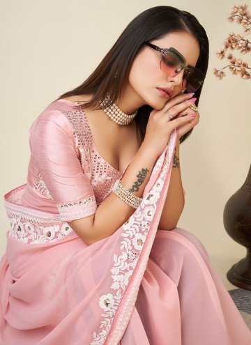 Gratifying Peach Georgette Embroidered Contemporary Saree