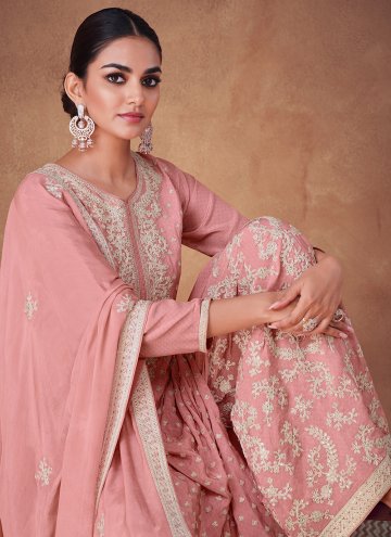 Gratifying Pink Chiffon Embroidered Designer Salwar Kameez for Engagement