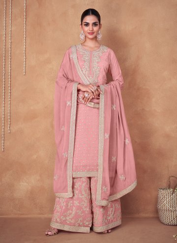 Gratifying Pink Chiffon Embroidered Designer Salwar Kameez for Engagement