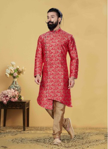 Gratifying Pink Jacquard Silk Embroidered Indo Western for Ceremonial