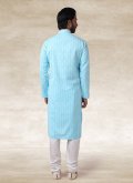 Gratifying Printed Handloom Cotton Aqua Blue Kurta Pyjama - 1