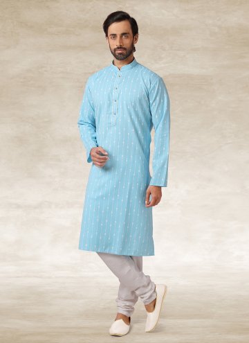 Gratifying Printed Handloom Cotton Aqua Blue Kurta Pyjama