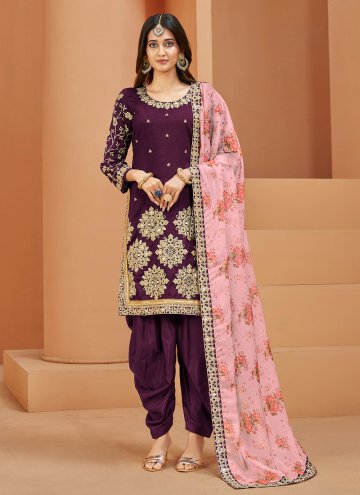 Gratifying Purple Art Silk Embroidered Trendy Salwar Suit