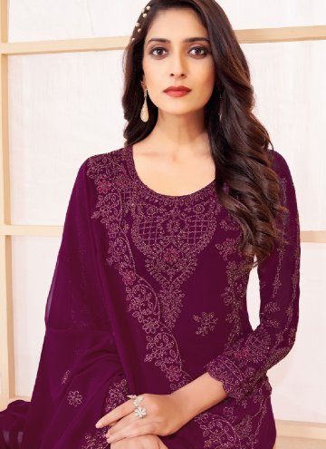Gratifying Purple Faux Georgette Embroidered Trendy Salwar Kameez