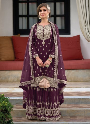 Gratifying Purple Silk Embroidered Palazzo Suit for Engagement