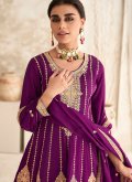 Gratifying Purple Silk Embroidered Pant Style Suit - 1