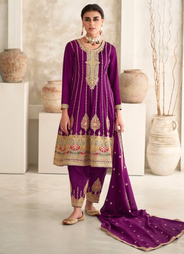 Gratifying Purple Silk Embroidered Pant Style Suit