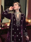 Gratifying Purple Velvet Embroidered Trendy Salwar Kameez for Ceremonial - 1