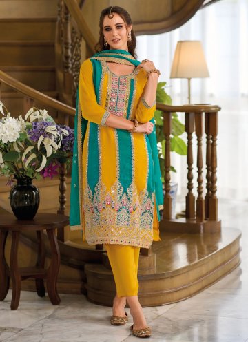 Gratifying Rama and Yellow Organza Embroidered Trendy Salwar Kameez