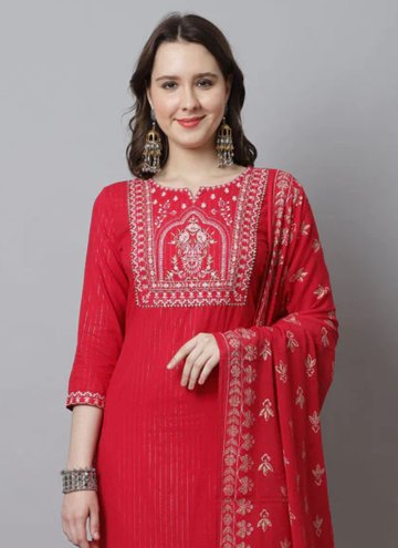 Gratifying Red Cotton  Embroidered Pant Style Suit