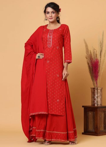 Gratifying Red Cotton  Mirror Work Salwar Suit