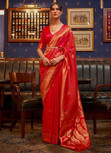 Gratifying Red Satin Silk Woven Traditional Saree for Engagement