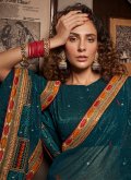 Gratifying Teal Chinon Embroidered Contemporary Saree - 1