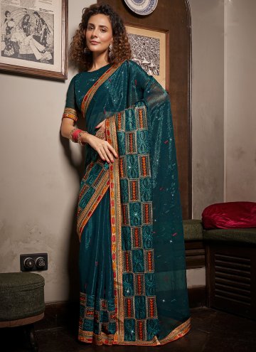 Gratifying Teal Chinon Embroidered Contemporary Saree